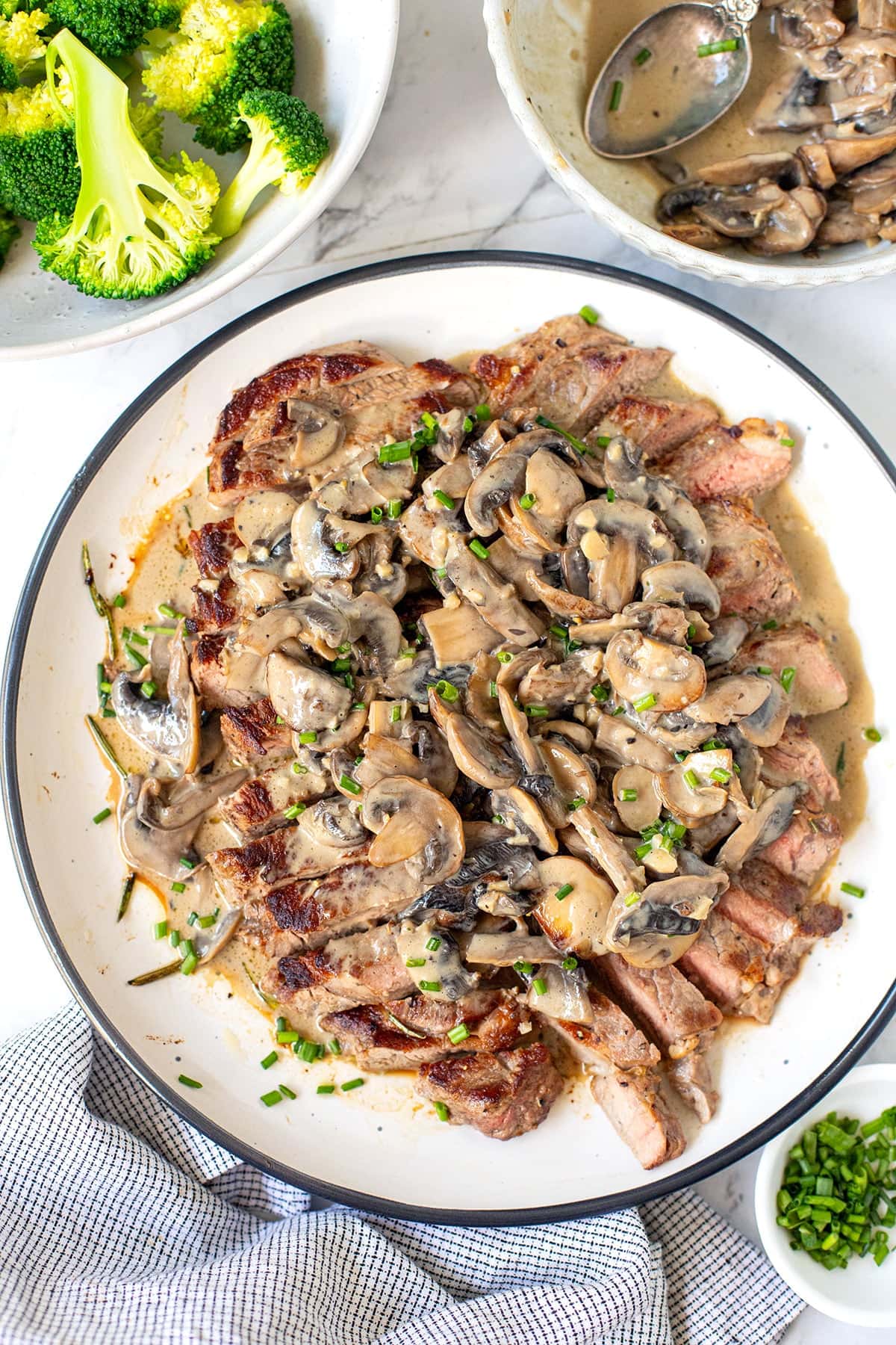 grilled steak and mushroom sauce on a plate.
