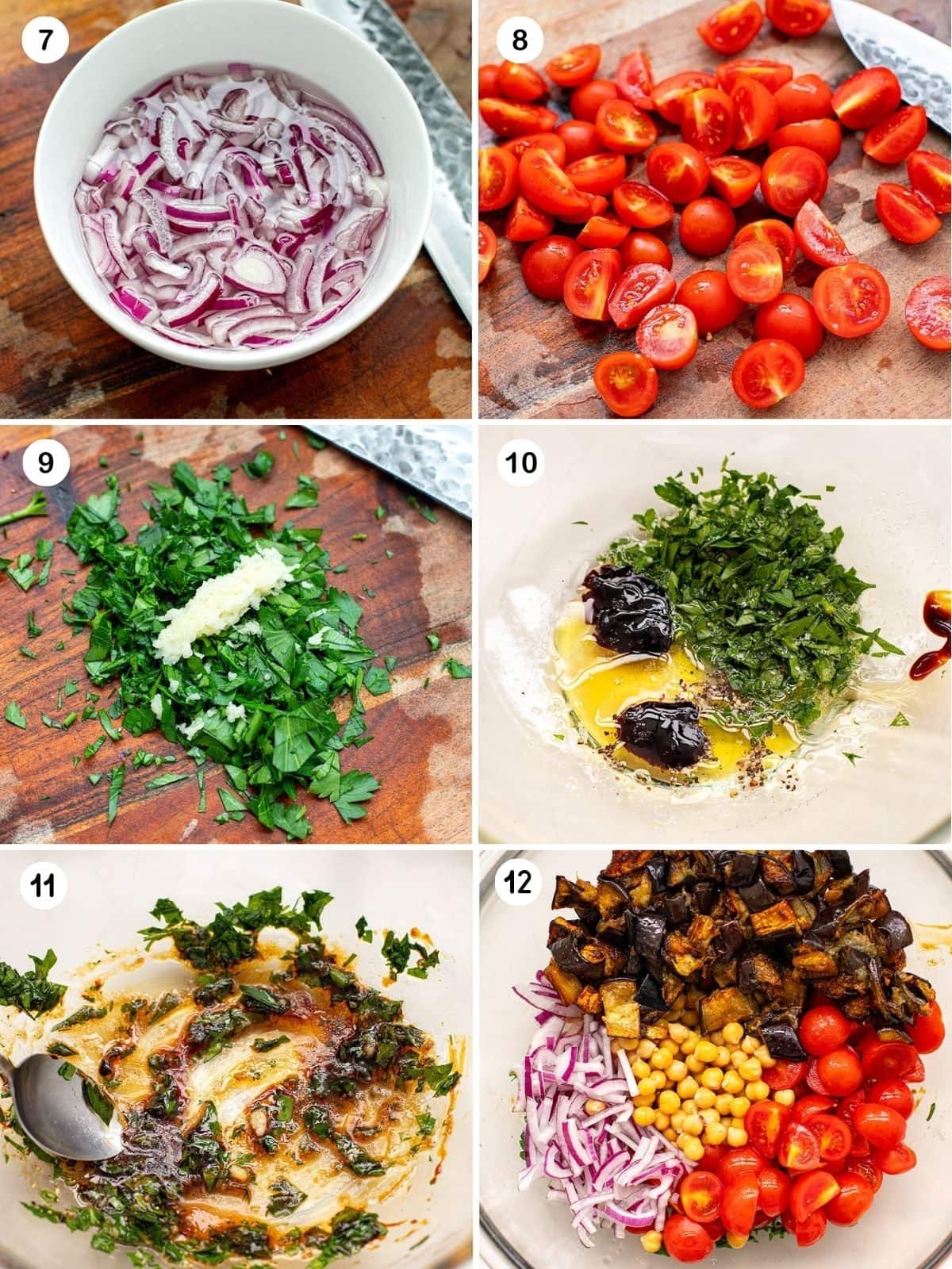 Making the salad with roasted eggplant, chickpeas, tomatoes, onions and dressing.