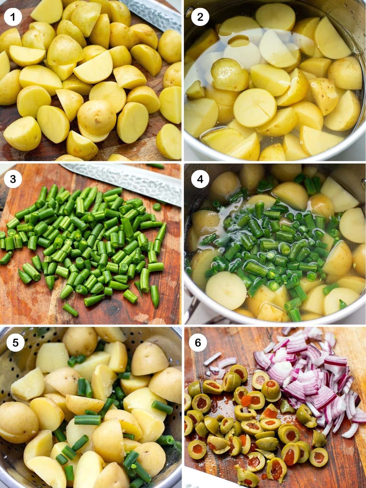 Cut potatoes and boil, toss in green beans, drain, and slice onions and olives