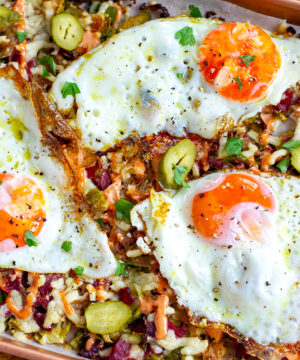 Pastrami & Eggs Sheet Pan Breakfast.