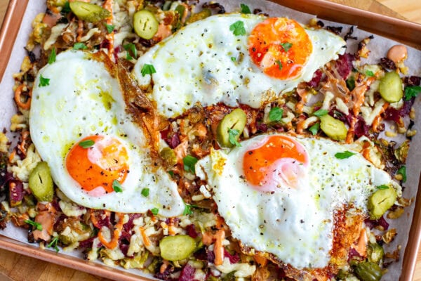 Pastrami & Eggs Sheet Pan Breakfast.