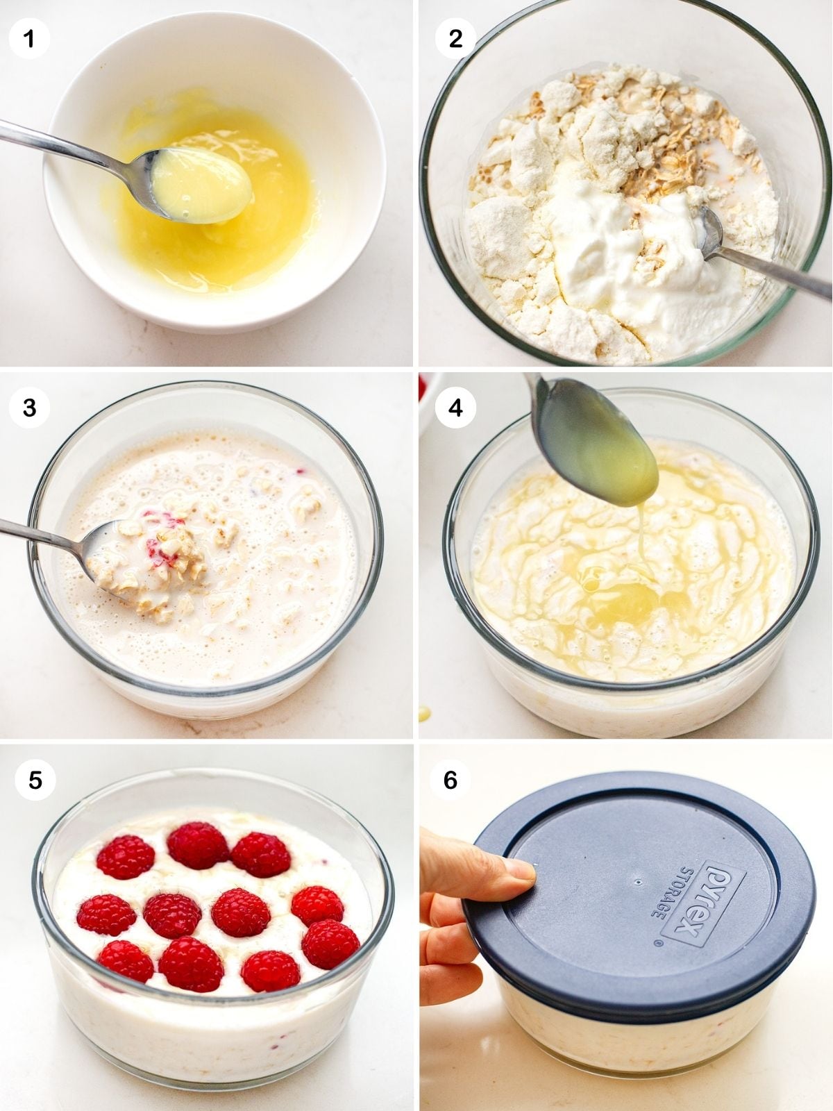 Melt white chocolate, mix other ingredients, mash a few raspberries into a base, pour into a container, drizzle melted white chocolate, and chill.