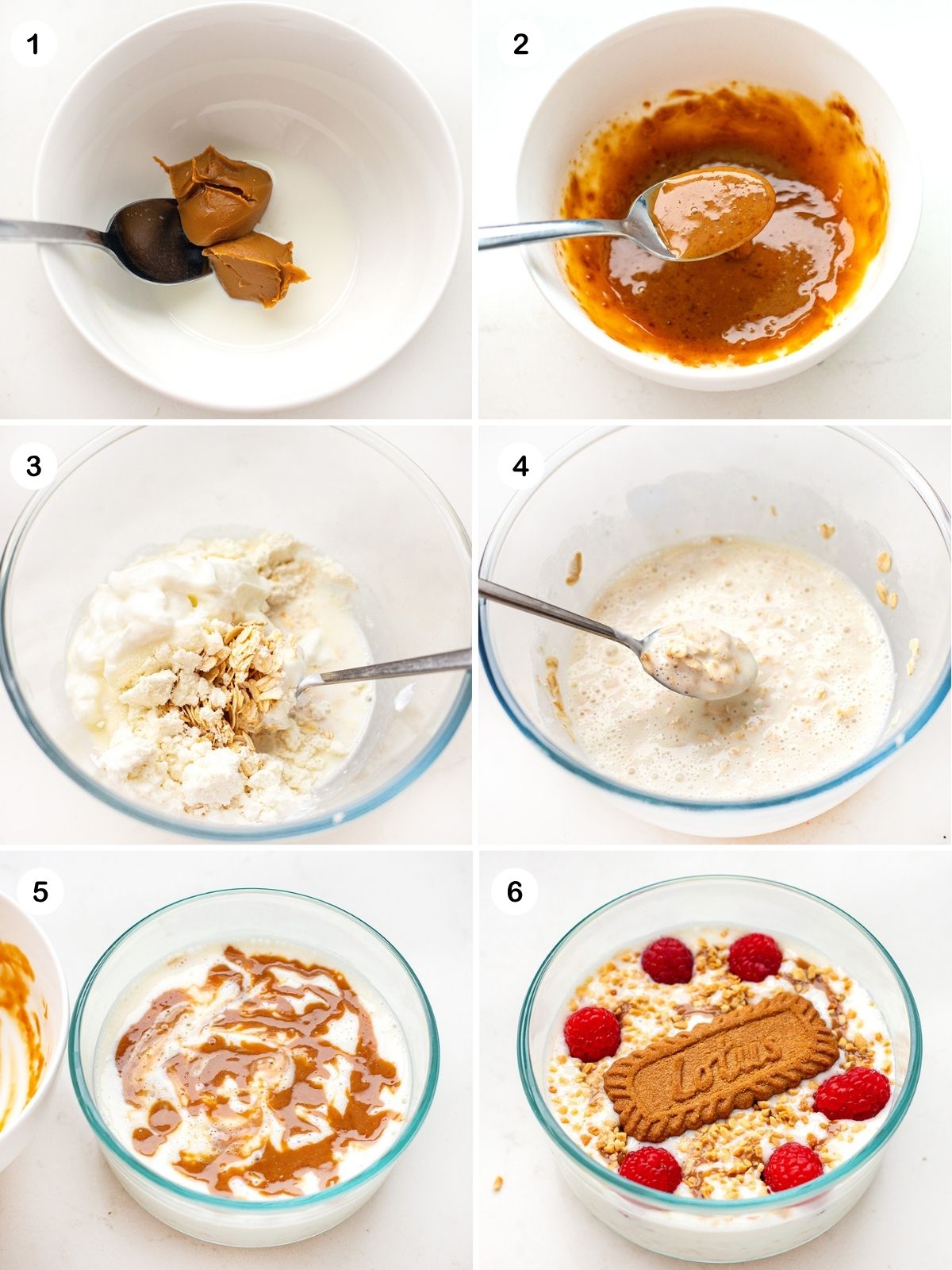 Melt biscoff, add milk, mix other ingredients, mash raspberries, pour into a container, add biscoff, and chill.