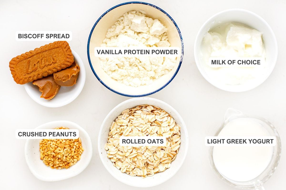 Ingredients for the biscoff peanut berry recipe including biscoff spread, vanilla protein powder, milk of choice, crushed peanuts, rolled oats, and light green yogurt.