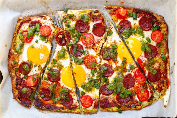 Zucchini Crust Pizza With Eggs & Chorizo