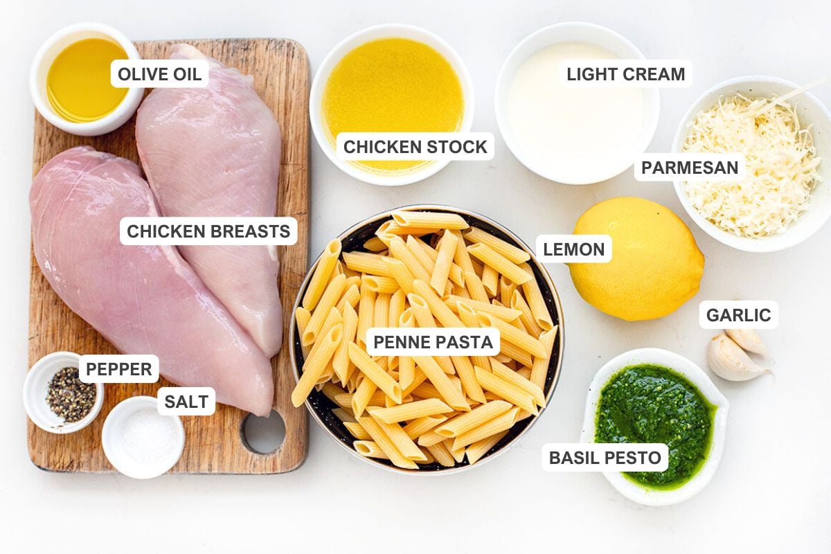 Ingredients for the recipe including chicken breasts, penne pasta, basil pesto, olive oil, pepper, salt, chicken stock, lemon, light cream, parmesan, and garlic.