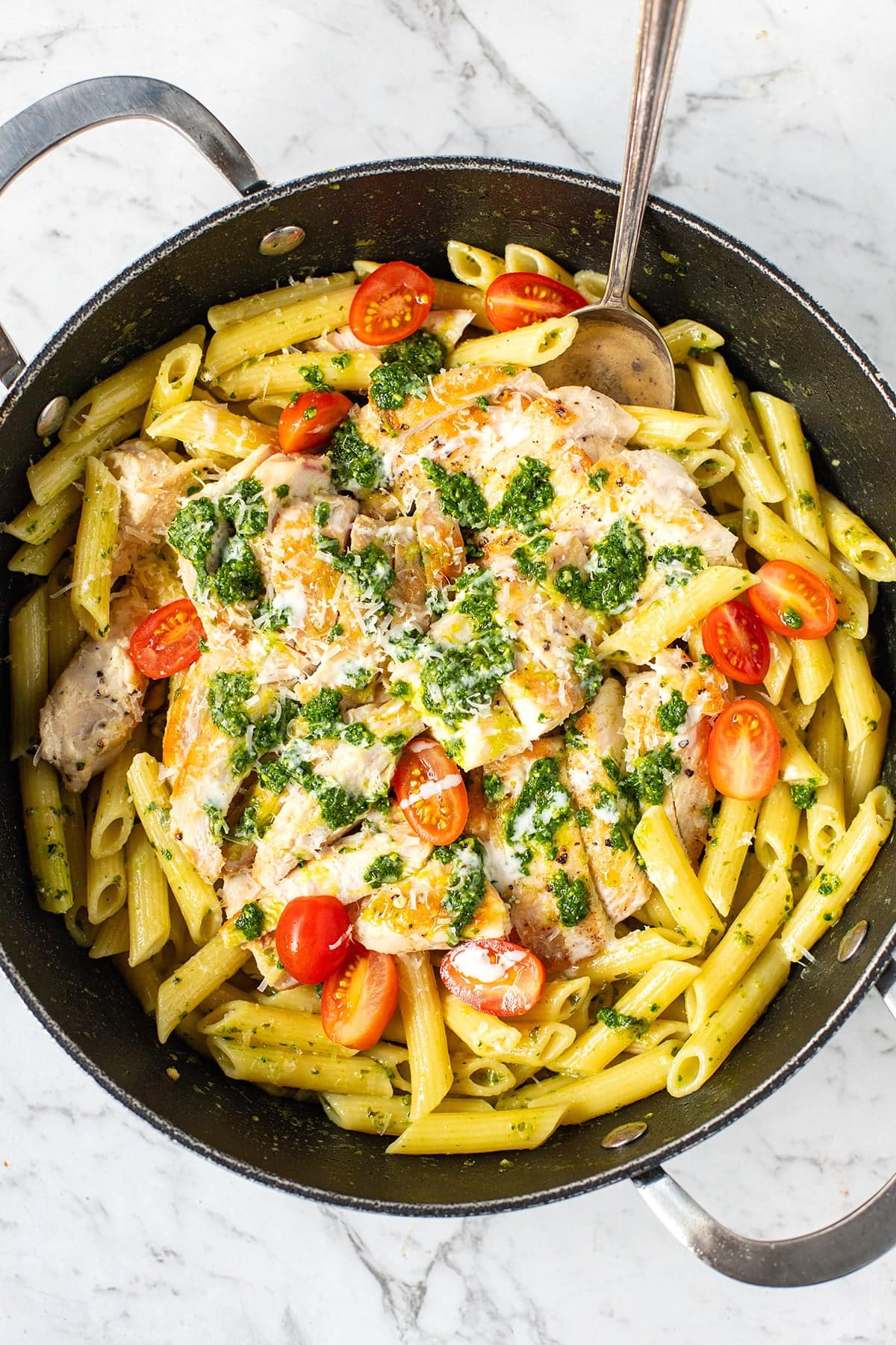 Creamy Chicken Pasta With Pesto.