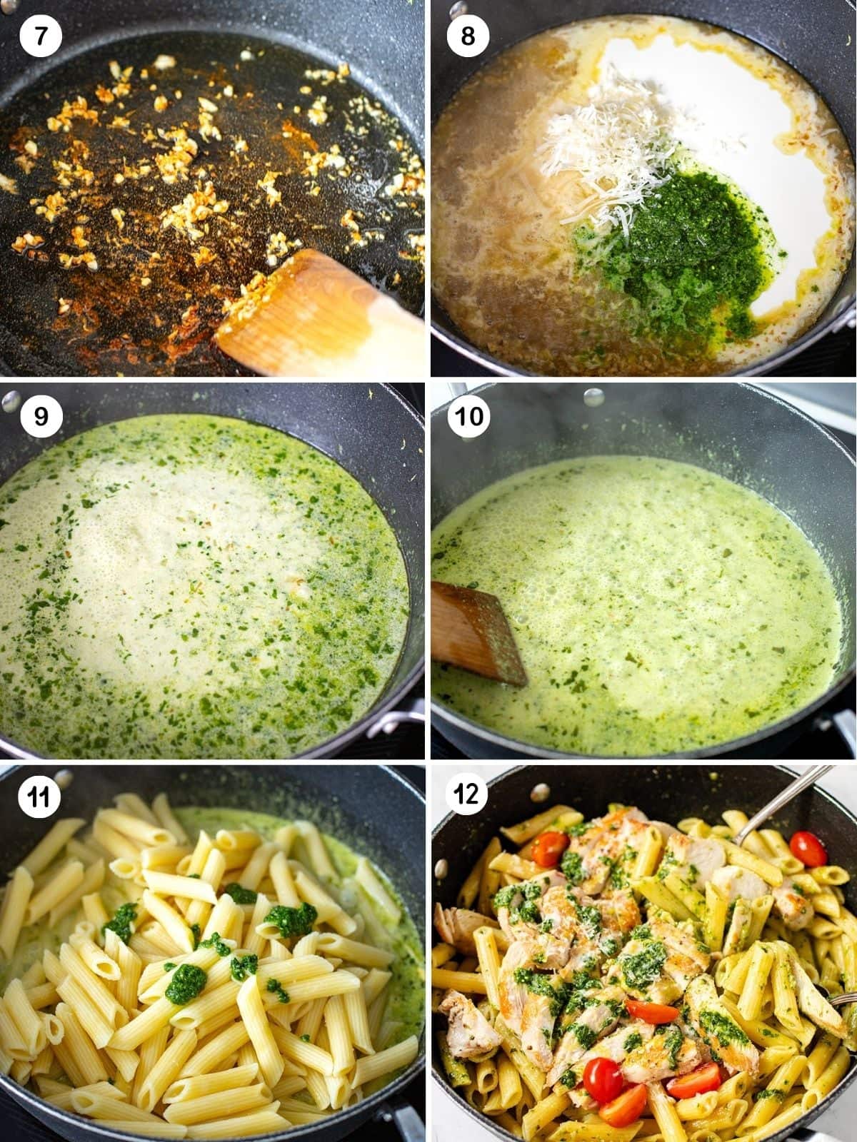 Set aside chicken, in the same pan, add extra oil, saute garlic, add lemon zest, chicken stock, halt the pesto, light cream, lemon juice, and Parmesan. Simmer and stir in cooked pasta and remaining pesto. Add chicken and extra pesto, Parmesan, and cherry tomatoes.