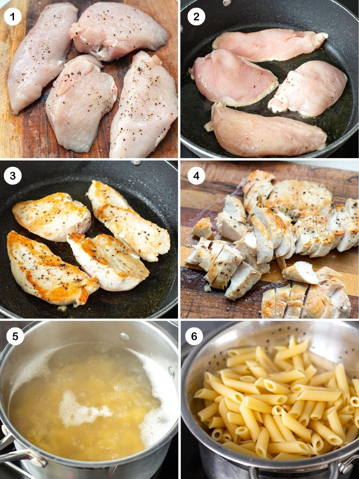 Cut chicken breasts, season, and sear. Slice chicken, cook pasta, and drain.