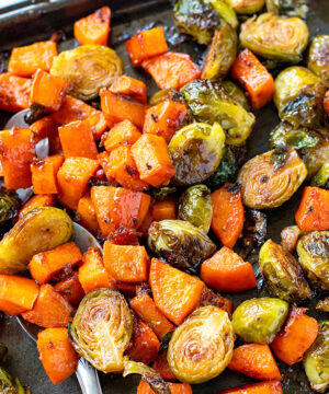 roasted sweet potatoes and Brussels sprouts