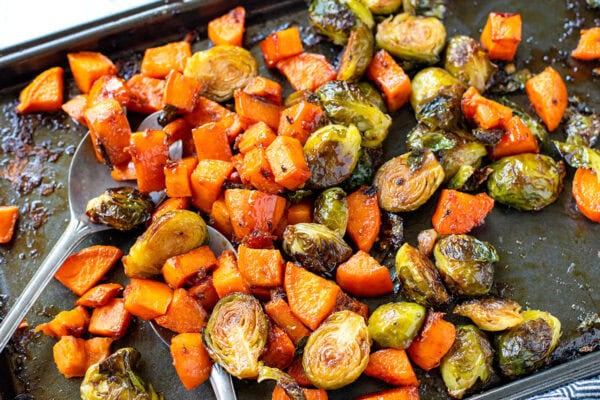 roasted sweet potatoes and Brussels sprouts