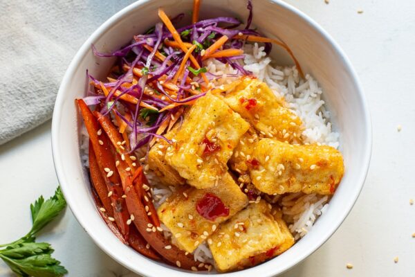 crispy tofu rice bowl