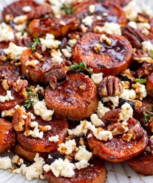 glazed sweet potatoes with feta and pecans