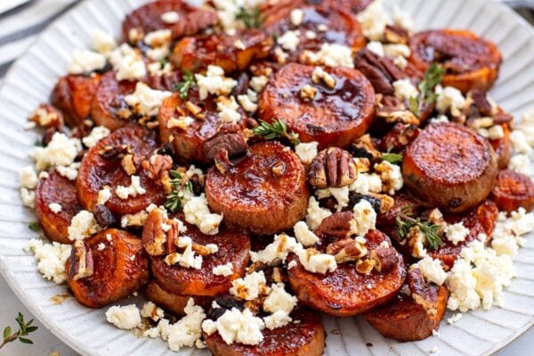glazed sweet potatoes with feta and pecans