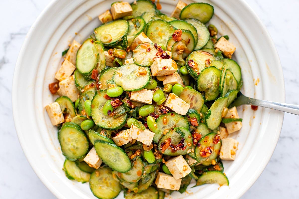 Asian Cucumber Tofu Salad With Edamame Beans