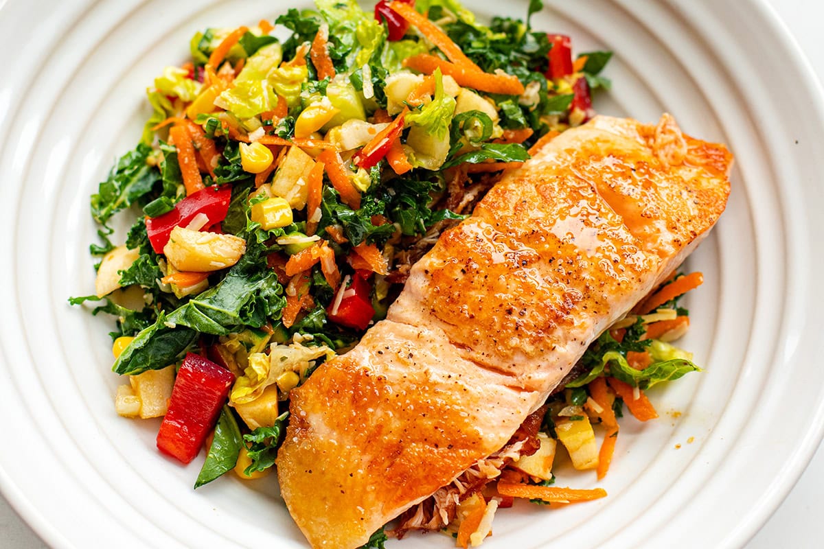 Grilled Salmon Salad with Kale, Corn & Parmesan