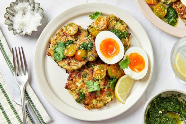 Zucchini Fritters With Zhoug & Jammy Eggs