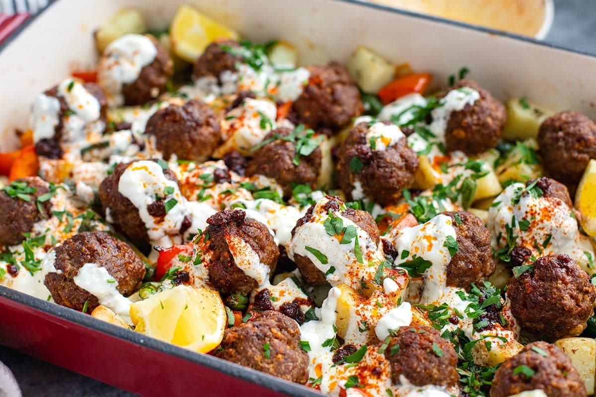 Turkish Baked Meatballs & Potatoes With Garlic Yogurt