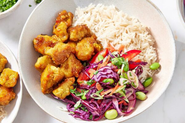 tofu rice bowls with crunchy salad