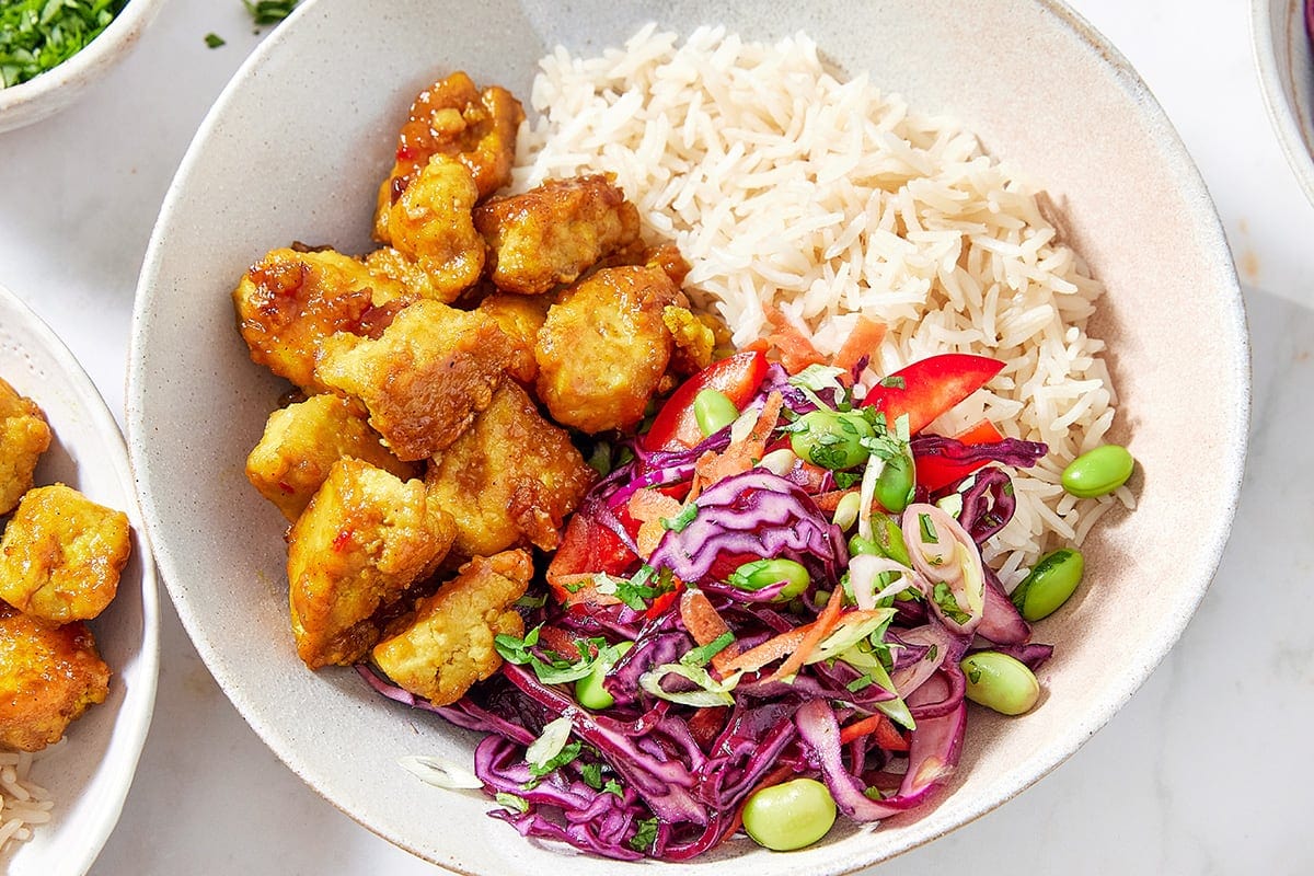 Crispy Tofu Rice Bowl With Crunchy Salad