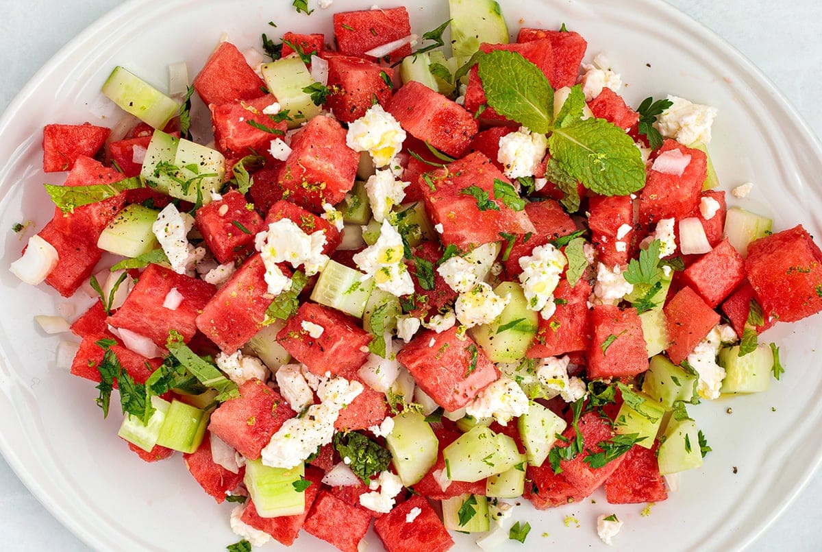 Watermelon Salad with Feta Cheese, Mint & Cucumber