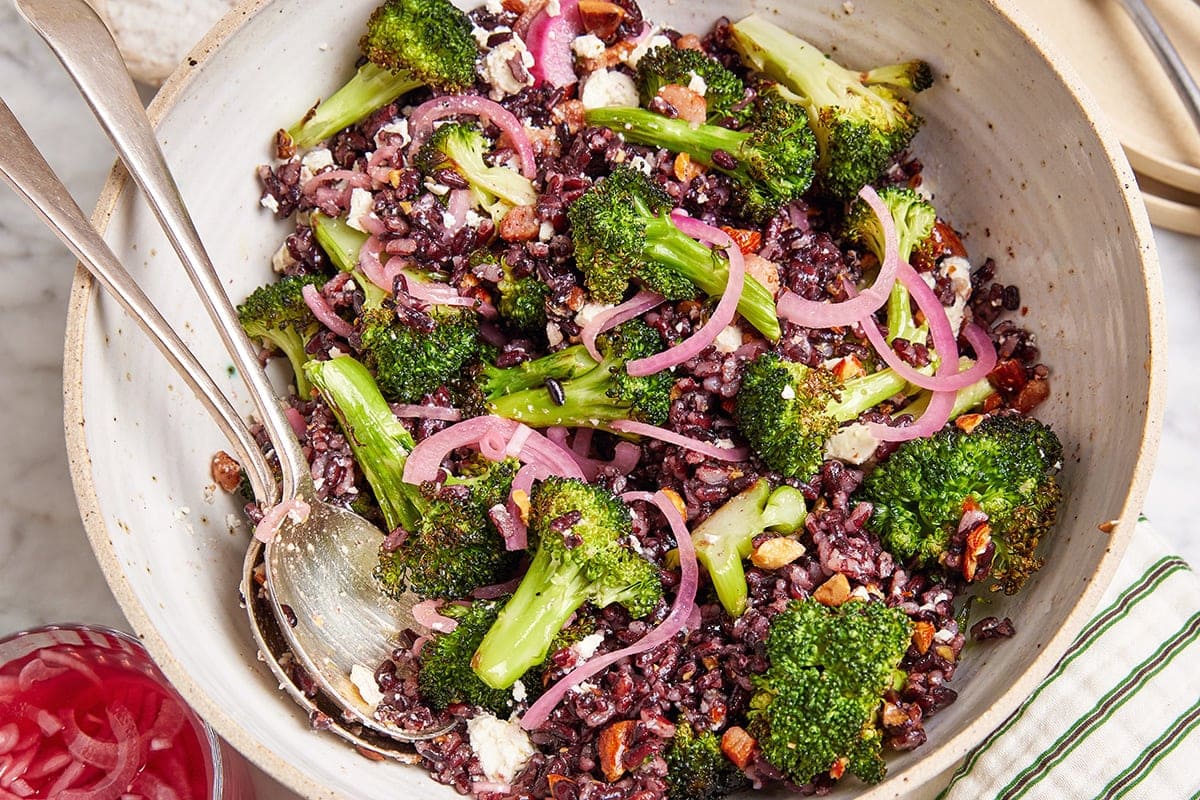 Roasted Broccoli Salad With Black Rice, Feta & Pickled Onions