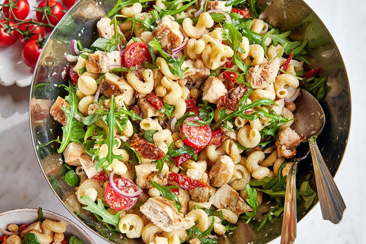 High Protein Pasta Salad with Chicken & Chickpeas