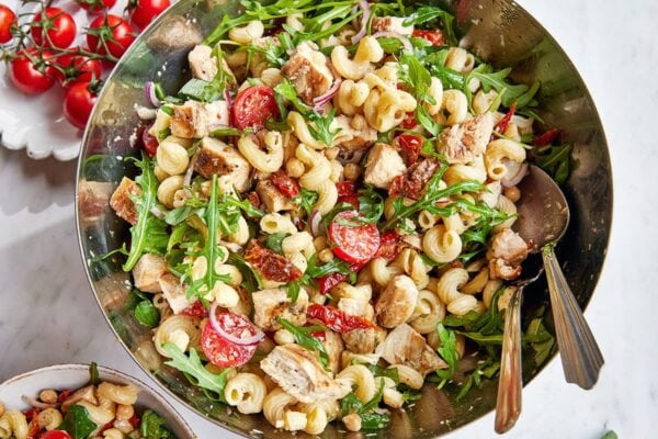 High Protein Pasta Salad with Chicken & Sun-Dried Tomatoes.