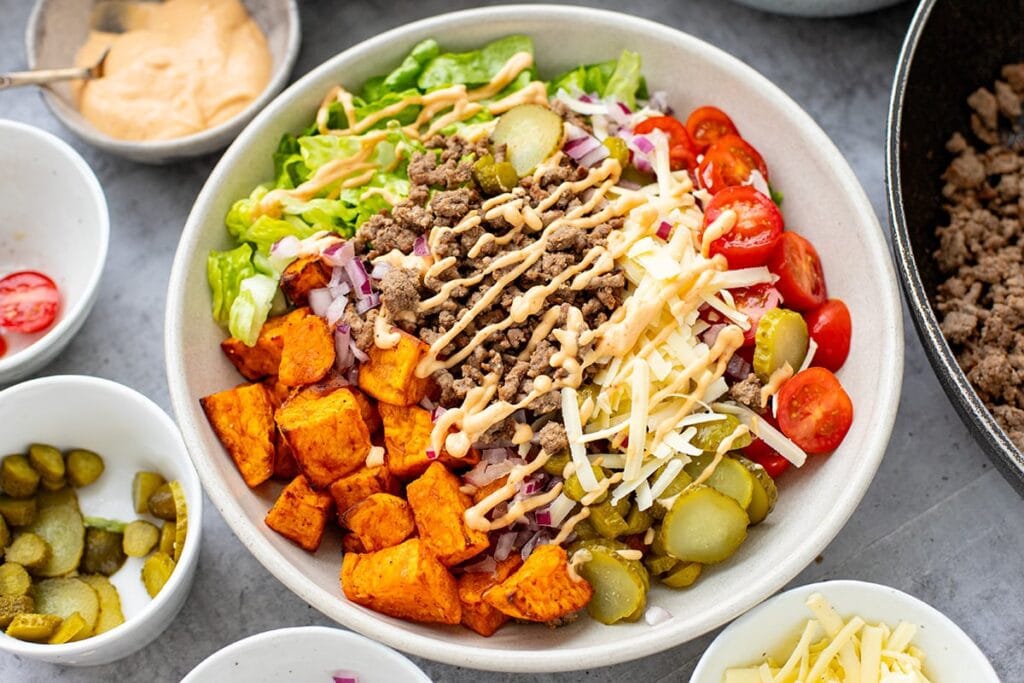 Ground Beef & Sweet Potato Burger Bowl