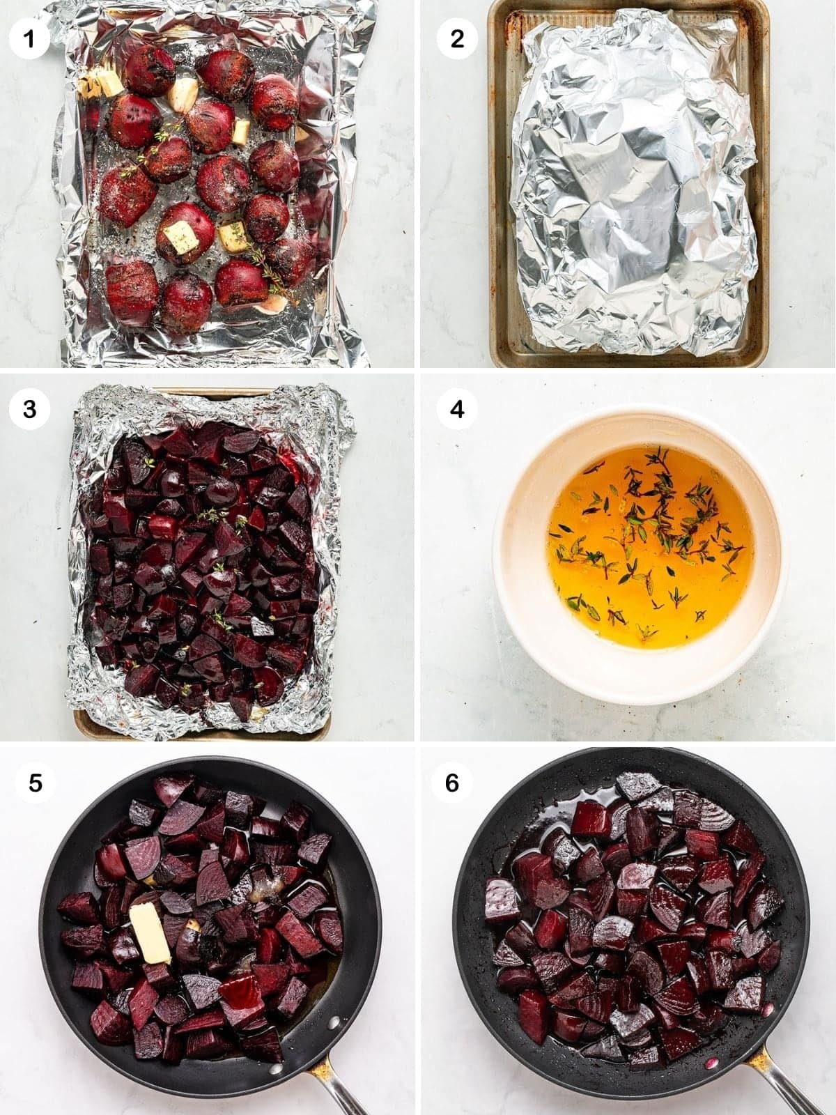 Toss the beets in a foil with the seasonings, seal, roast, rest, slice or quarter, toss in a skillet with honey glaze ingredients, and finish with flaky salt, pepper and a few thyme leaves.