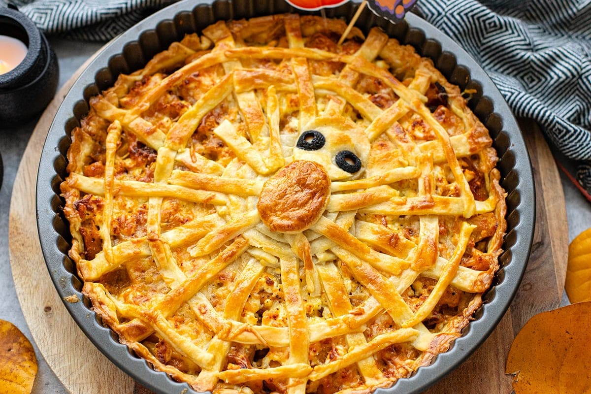 Spiderweb Tart with Pumpkin, Feta & Caramelized Onion